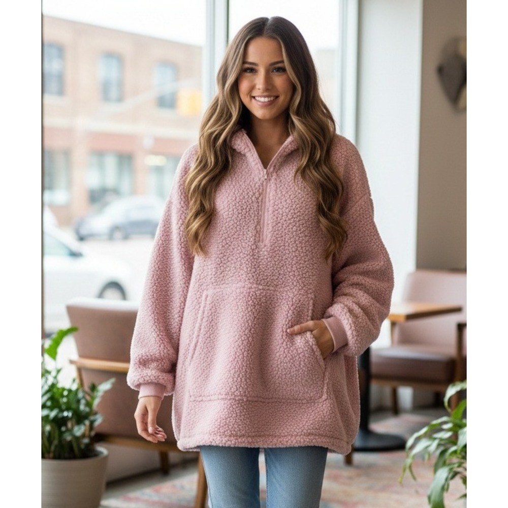 The Comfy Teddy Bear Quarter Zip Sherpa Wearable‎ Blanket Hooded Comfy Cozy Pink